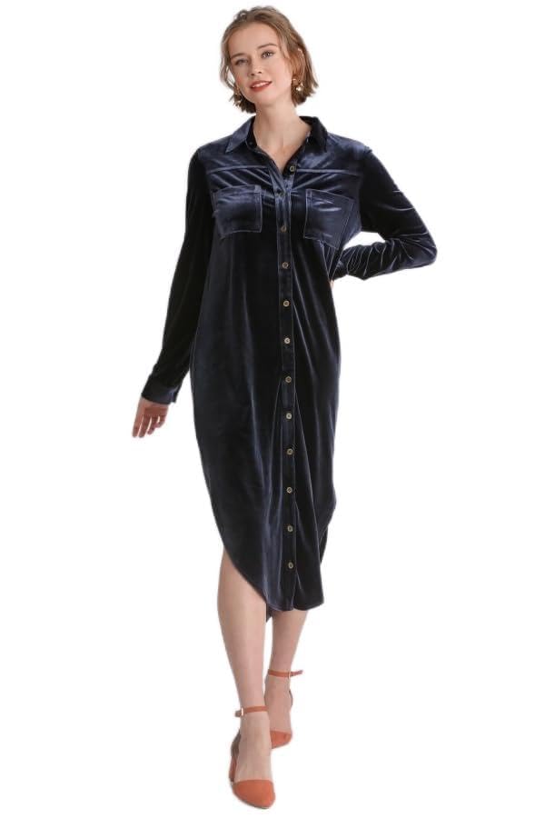 Umgee USA Velvet Long Sleeve Collar Button Down Dress with Chest Pockets