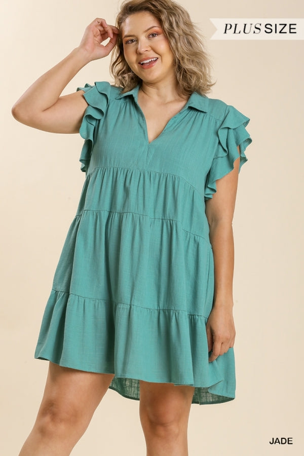 Umgee Linen Blend Collar Split Neck Short Ruffle Sleeves Tiered Dress with No Lining