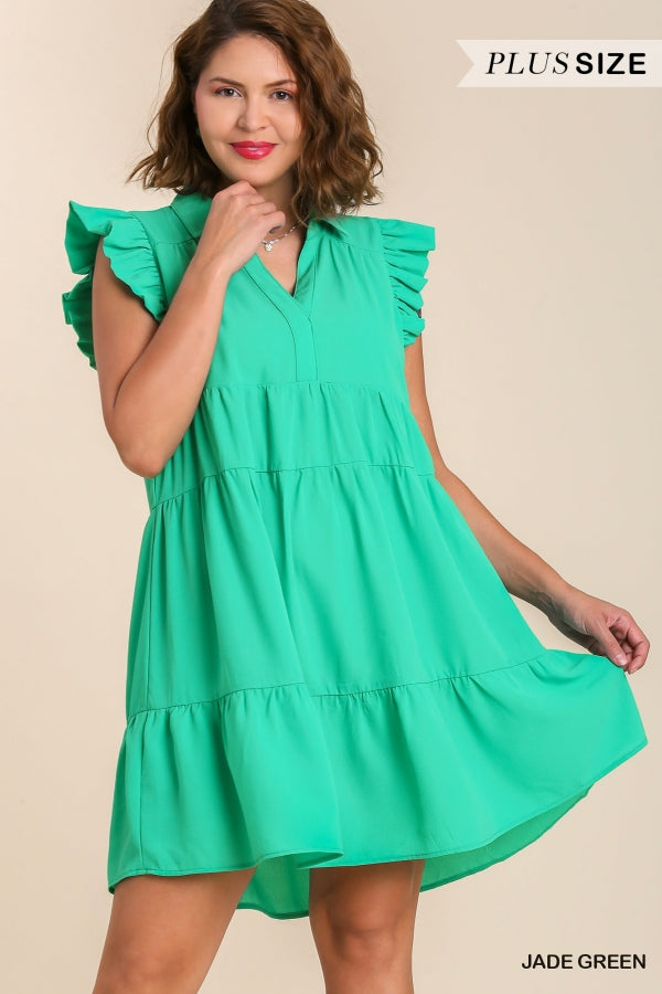 Umgee Tiered Short Dress with Flutter Sleeves & Collar No Lining