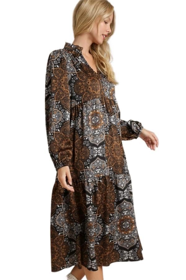 Umgee USA V-Notched Ruffle Printed Long Sleeve Maxi Dress