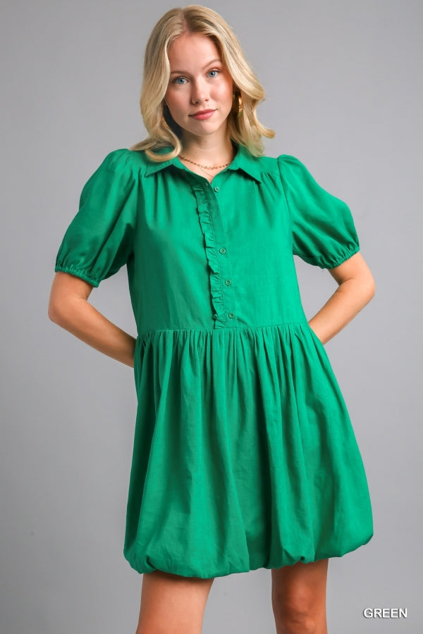 Umgee Bubble Hem Linen Collared Dress with Short Cuffed Sleeve