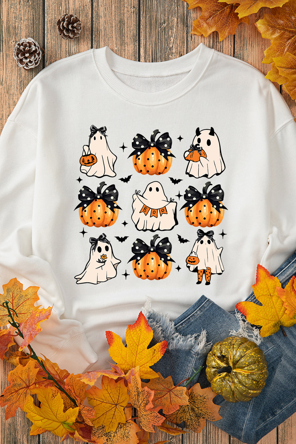 Beige Halloween Ghost Pumpkin Print Crew Neck Sweatshirt