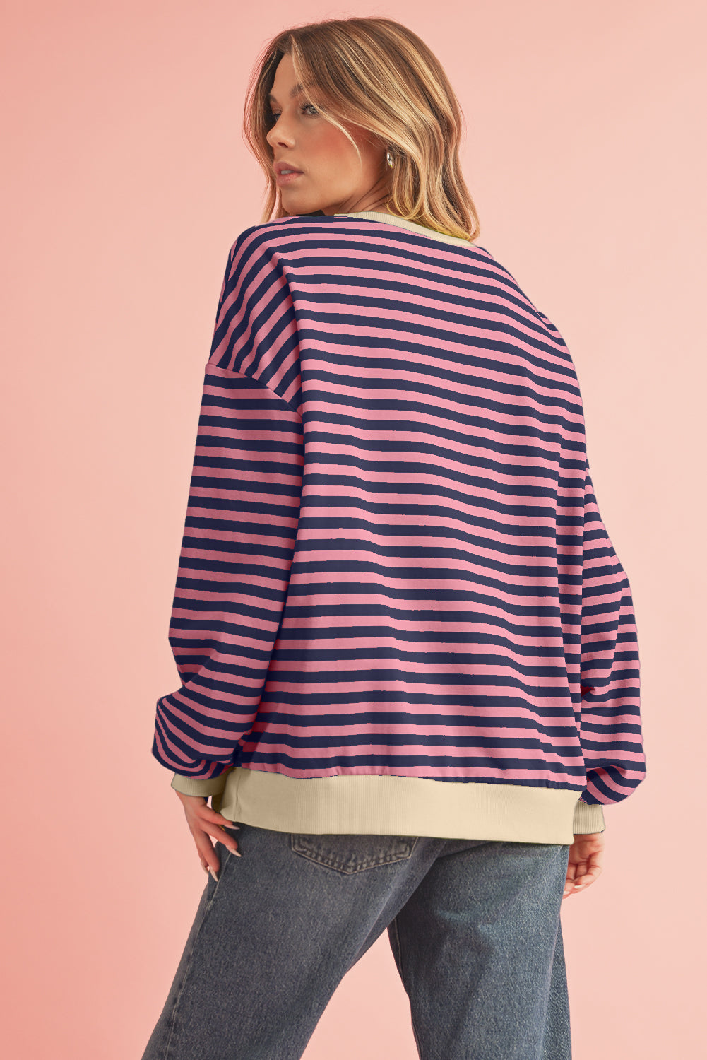 Sky Blue Stripe Contrast Edge Oversized Pullover