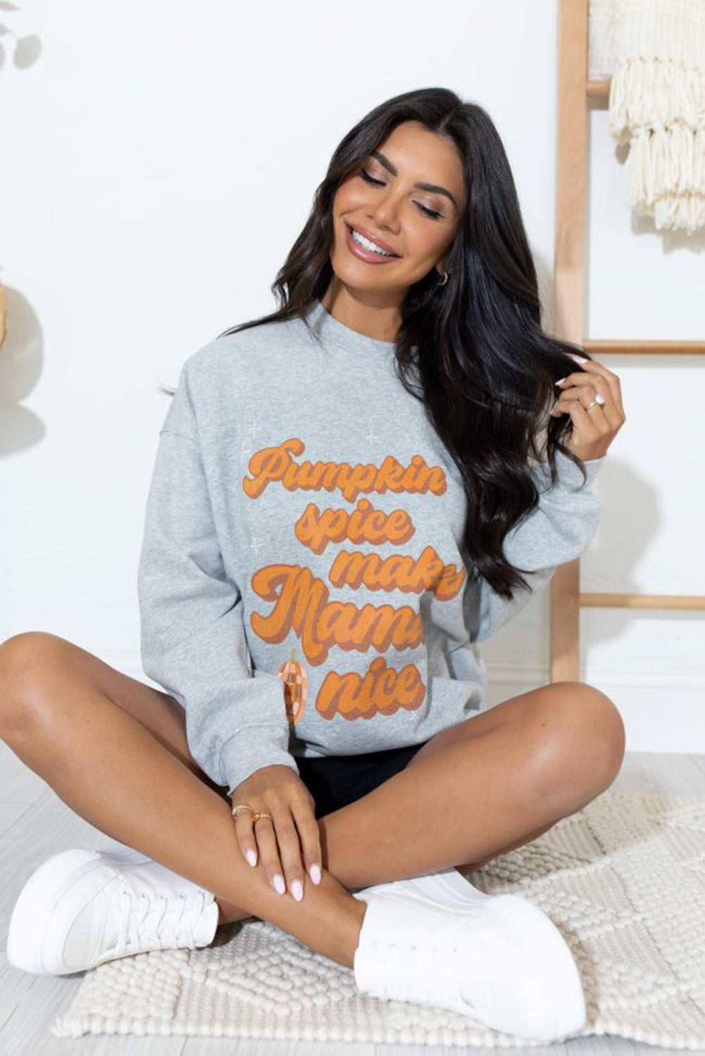 Gray Pumpkin Spice Makes Mama Nice Round Neck Sweatshirt