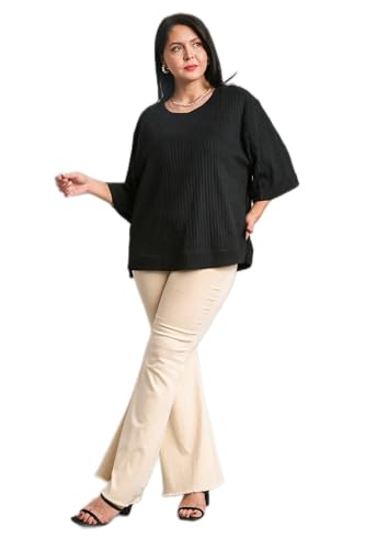 Umgee Ribbed Knit 3/4 Folded Sleeve Round Neck Top with Side Slits and High Low Hem