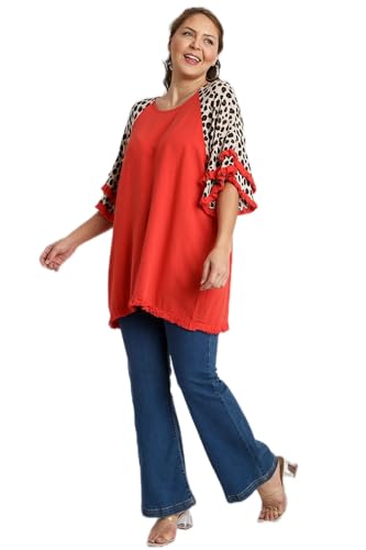 Umgee Linen Blend Animal Print Layered Bell Sleeve Round Neck Top with Frayed Hem Details