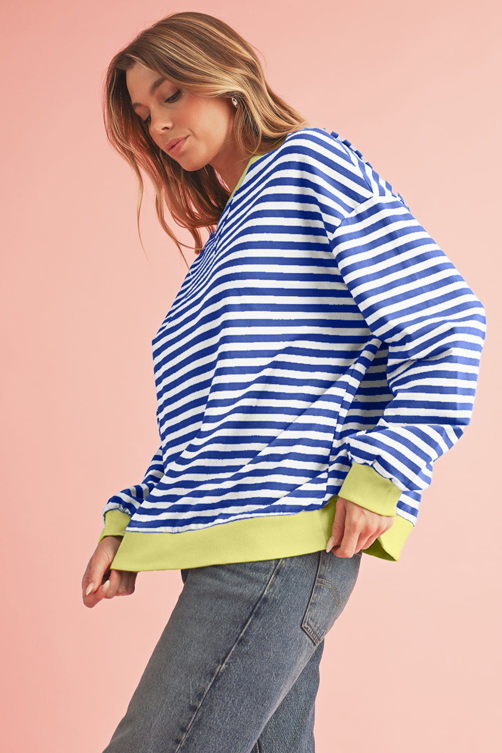 Sky Blue Stripe Contrast Edge Oversized Pullover