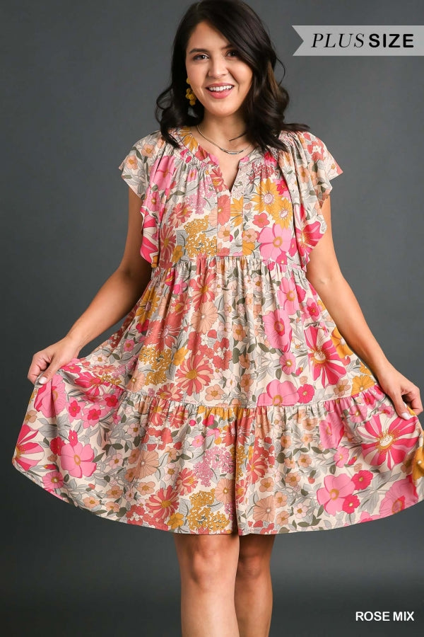 Umgee Floral Print Dress with Flutter Sleeves, Split Neckline, Back Tie, and Smocked Detail Below Neckline