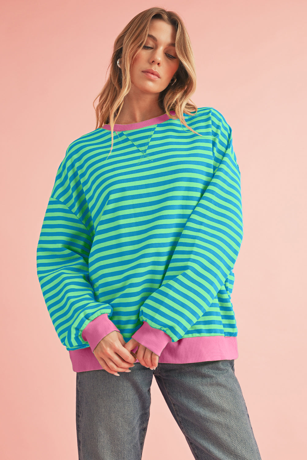 Sky Blue Stripe Contrast Edge Oversized Pullover