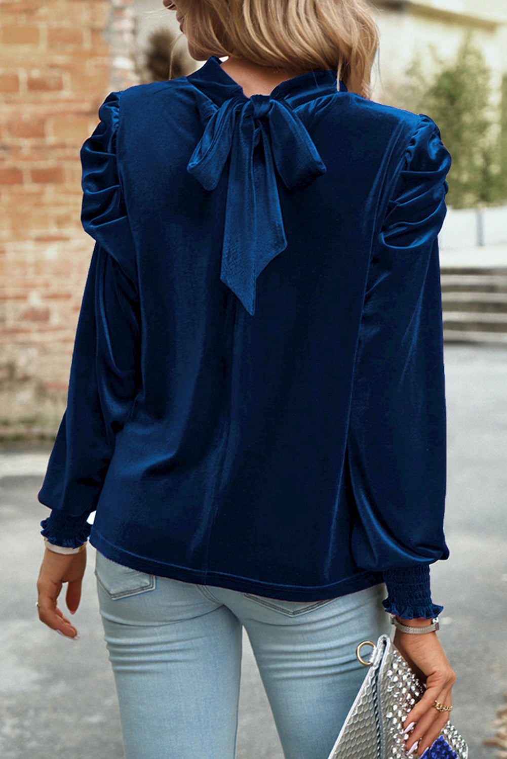 Navy Blue Mock Keyhole Neck Puff Sleeve Velvet Blouse