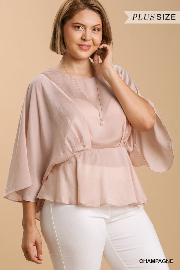 Umgee Washed Satin Pleated Round Neck Kimono Sleeve Top with Peplum Hem