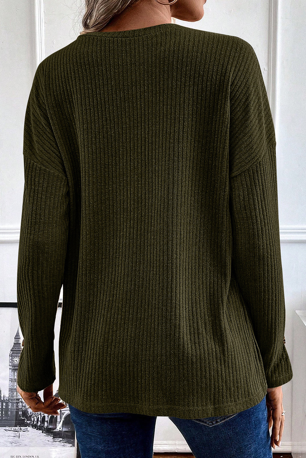 Jungle Green Drop Shoulder Ribbed Knit Long Sleeve Henley Top