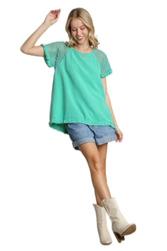 Umgee Linen Blend Floral Crochet Detailed Short Sleeve Round Neck Top with Fringed Hem