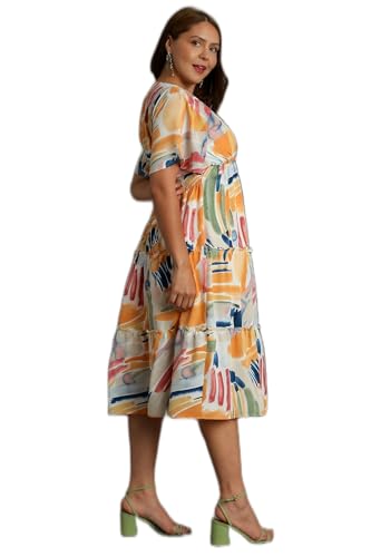 Umgee Abstract V-Neck Tiered A-Line Dress with Ruffle Sleeves