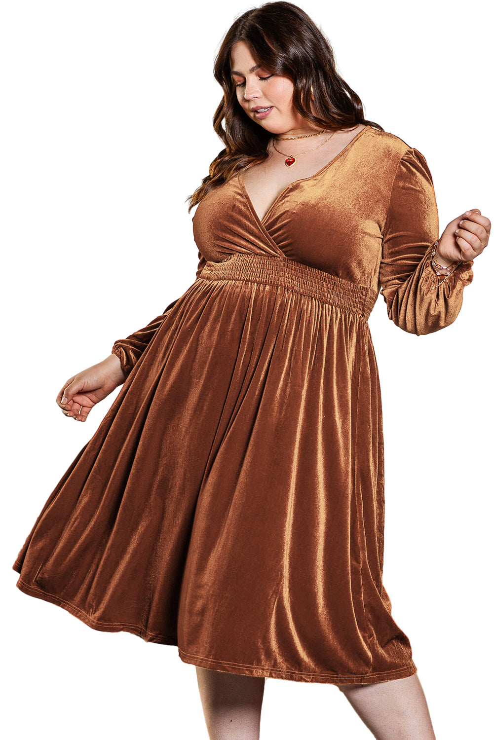 Camel Surplice Velvet V Neck Balloon Sleeve Midi Dress