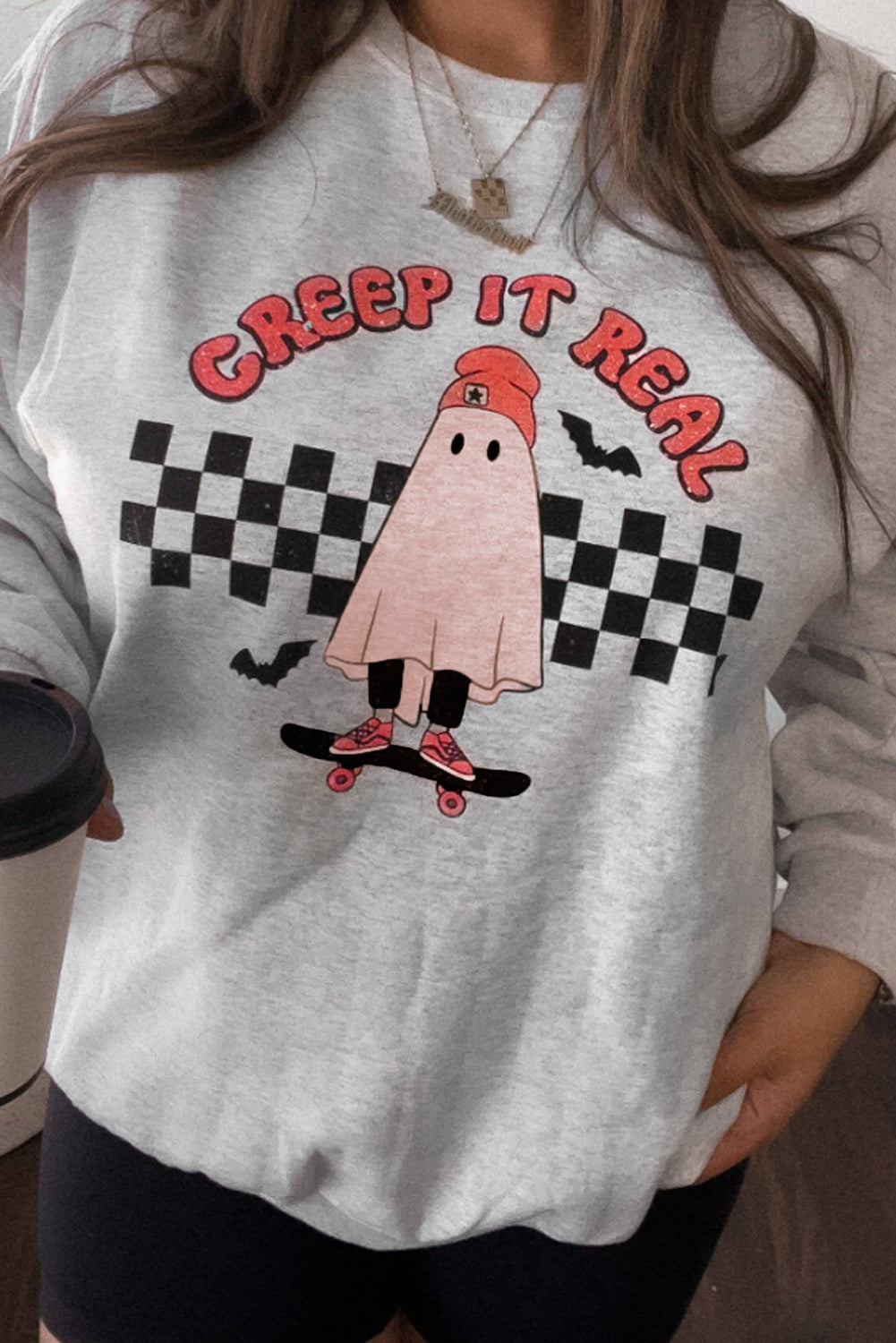 Light Grey Creep It Real Ghost Print Halloween Plus Size Sweatshirt