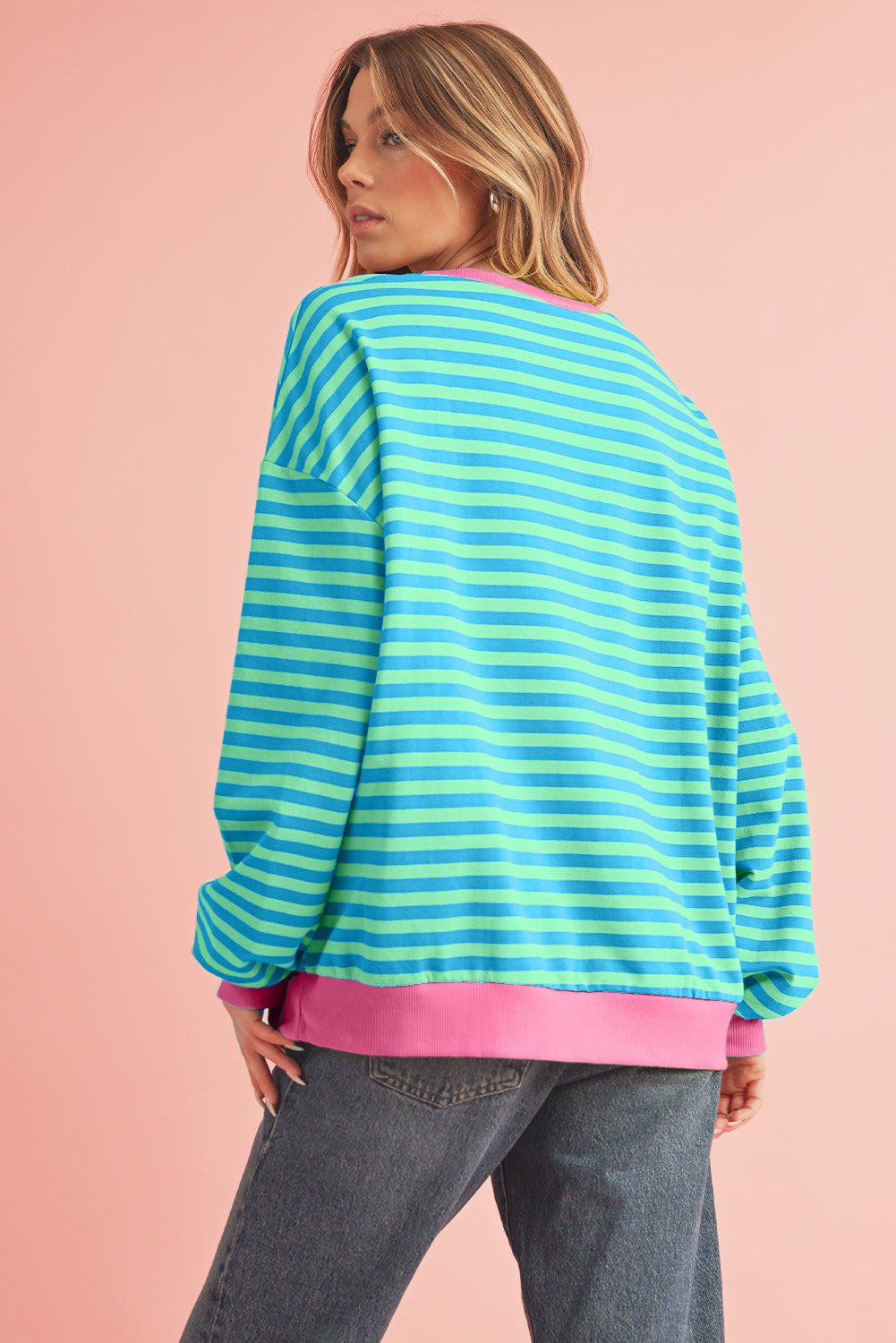 Sky Blue Stripe Contrast Edge Oversized Pullover