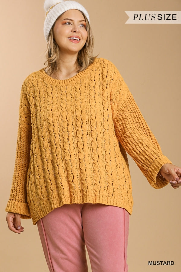 Umgee Cuffed Long Sleeve Chenille Cable Knit Pullover Sweater