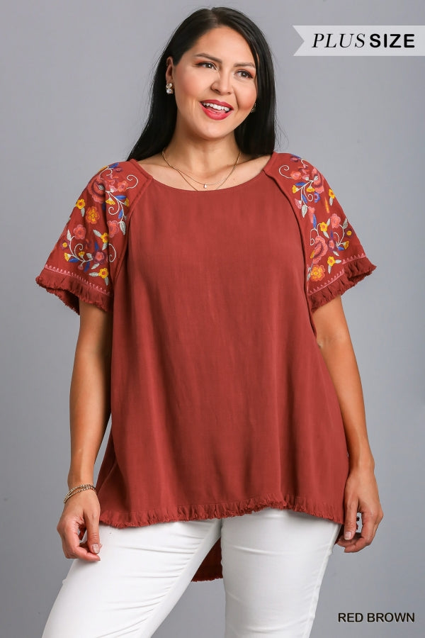 Umgee Embroidery Round Neck Short Sleeve Linen Top with Frayed Ruffle Trim, Floral Embroidered Sleeves & Seam Detail