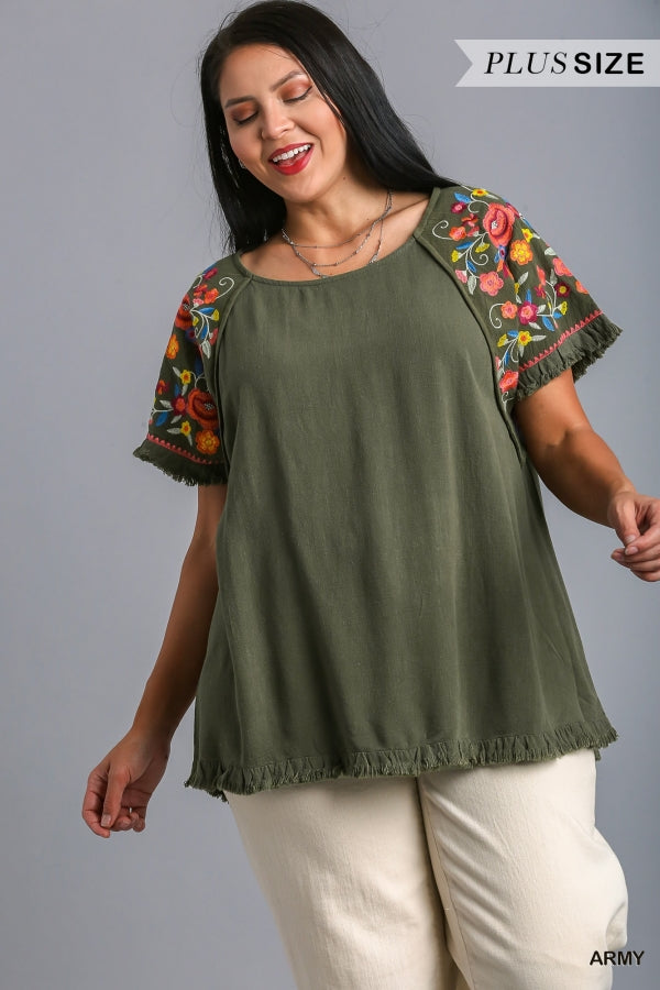 Umgee Embroidery Round Neck Short Sleeve Linen Top with Frayed Ruffle Trim, Floral Embroidered Sleeves & Seam Detail