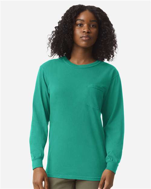 Comfort Colors Unisex Garment-Dyed Heavyweight Long Sleeve Pocket T-Shirt 4410 - Island Green