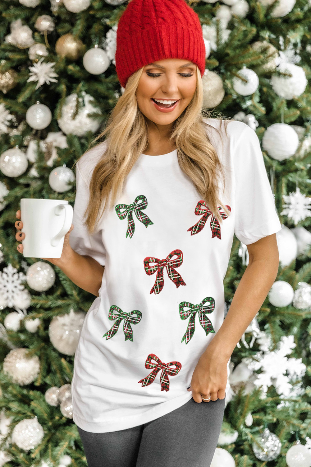 White Christmas Bowknot Patched Graphic Cotton Blend T Shirt