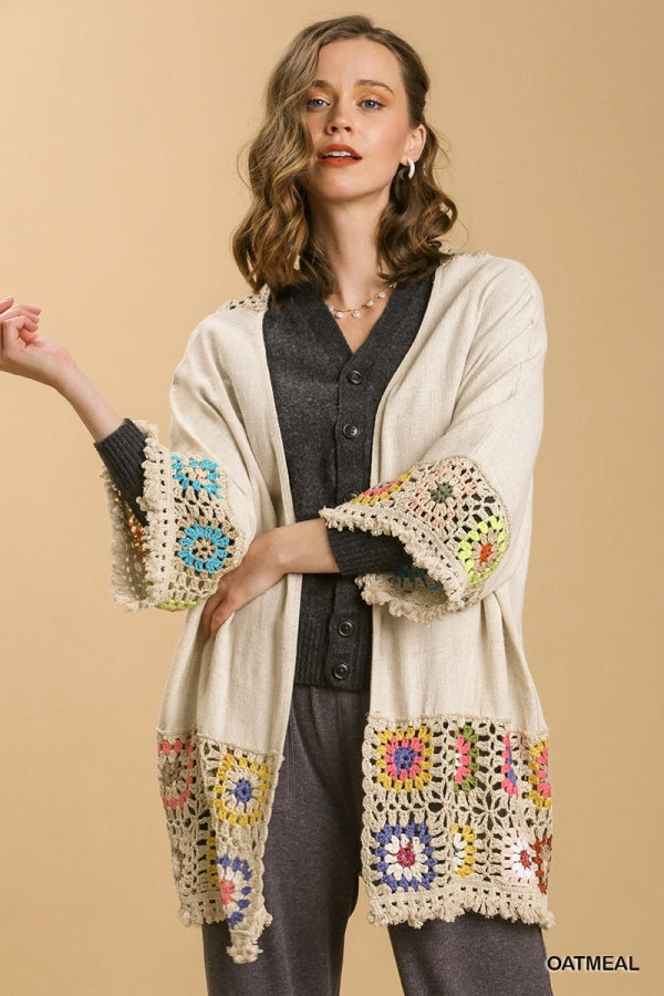 Umgee Linen Blend Open Front Color Crochet Long Sleeve Kimono