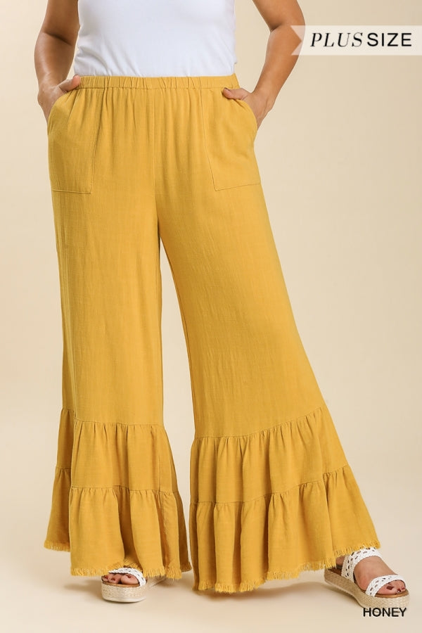 Umgee Linen Blend Wide Ruffle Leg Pants with Pockets and Frayed Hem