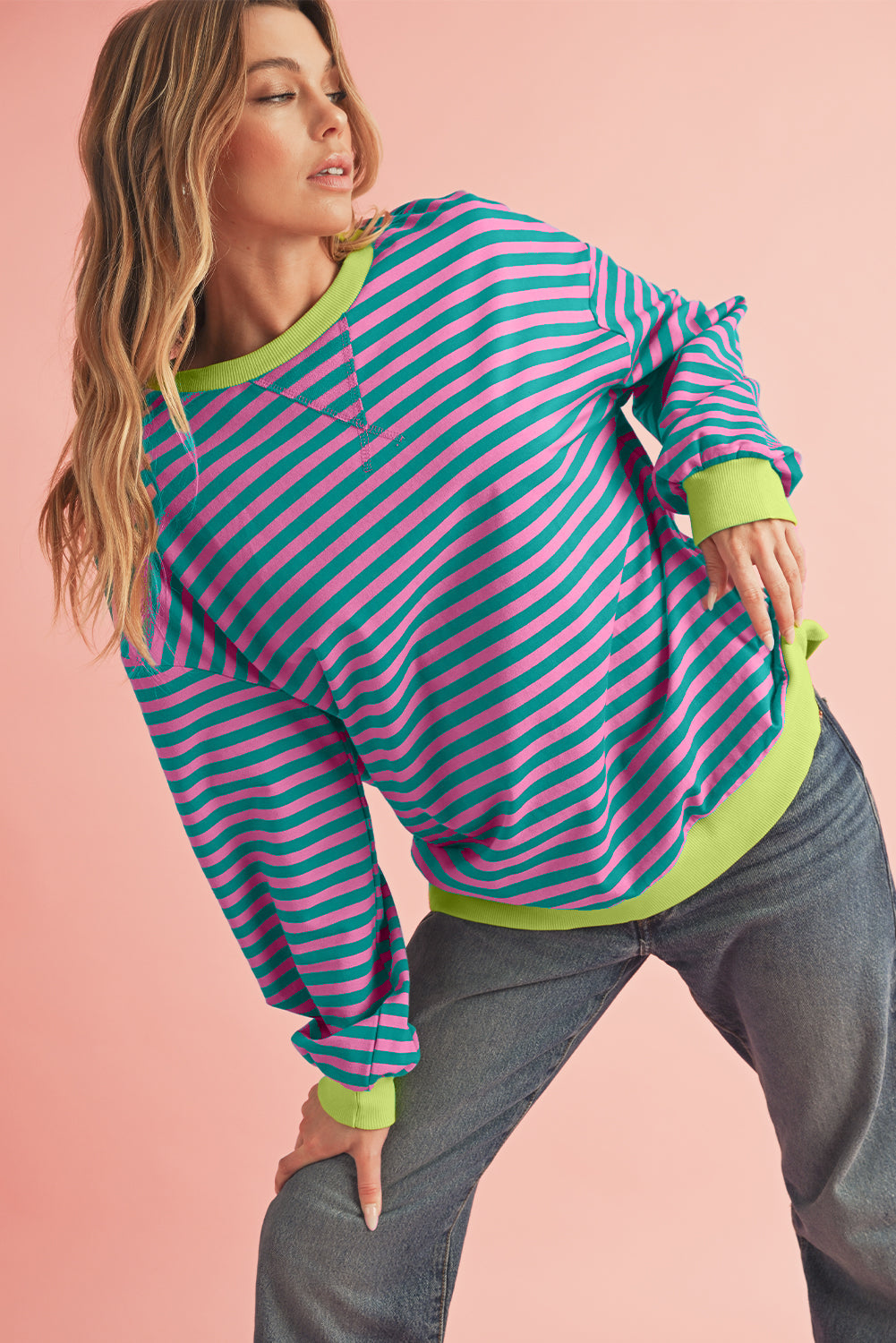 Sky Blue Stripe Contrast Edge Oversized Pullover