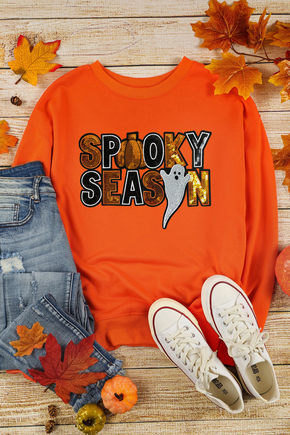 Russet Orange Sequin SPOOKY SEASON Ghost Halloween Graphic Sweatshirt