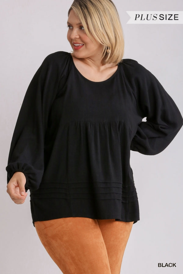 Umgee Linen Blend Round Neck Long Sleeve Top with Pintuck Detail