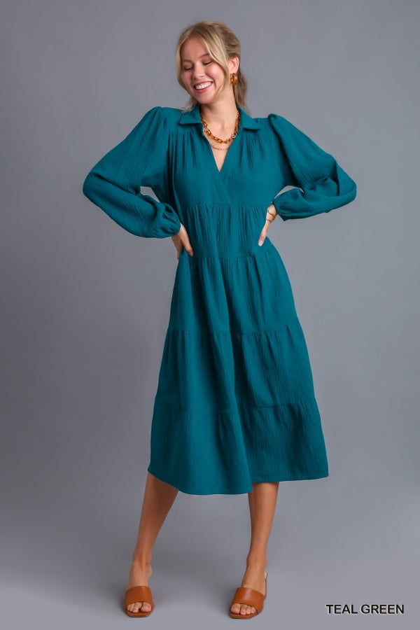 Gauze Long Sleeve Collar Split Neck Tiered Maxi Dress