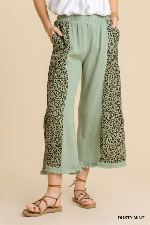 Umgee Linen Blend Animal Print Elastic Waistband Wide Leg Pants with Pockets and Fringed Hem