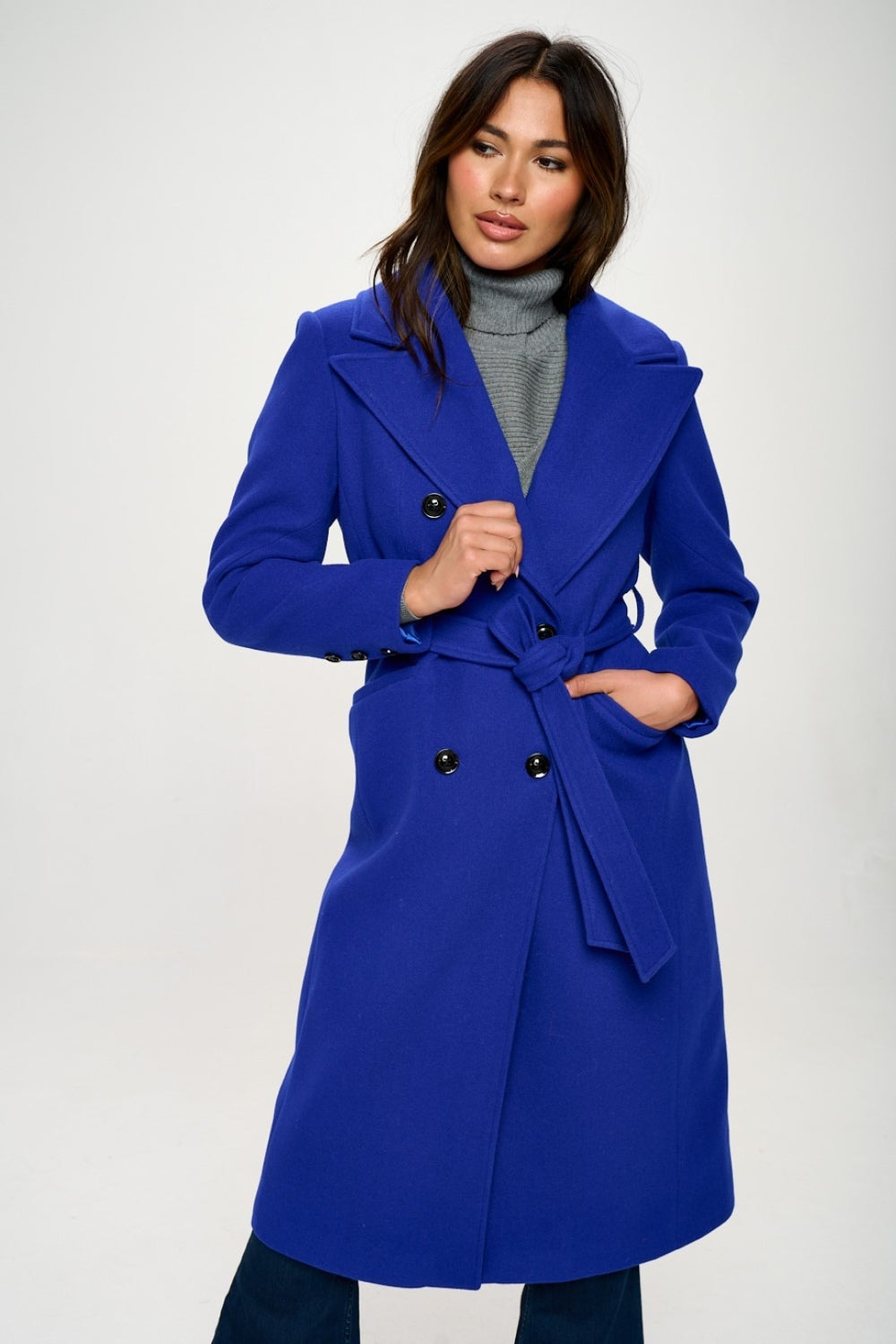 Coalition LA Double-Breasted Longline Coat with Belt