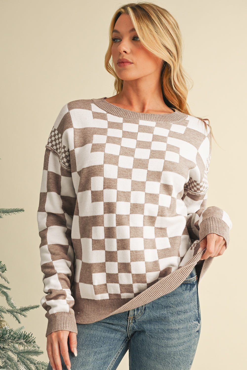 Khaki Checkered Drop Shoulder Round Neck Sweater