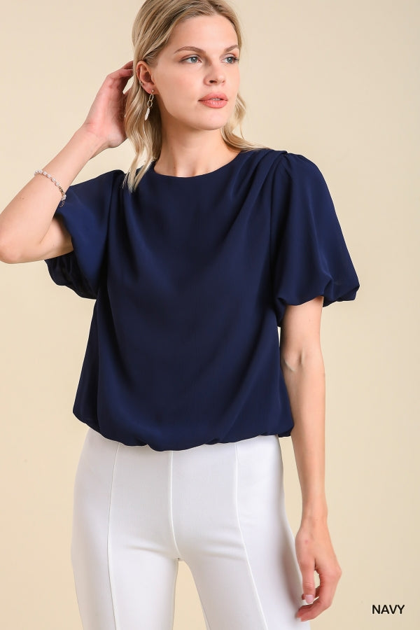 Umgee Pleated Bubble Sleeve and Hem Top with Back Button Keyhole