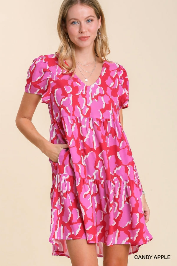 Umgee Abstract Print V-Neck Tiered Dress with Pleat Detail On Sleeves