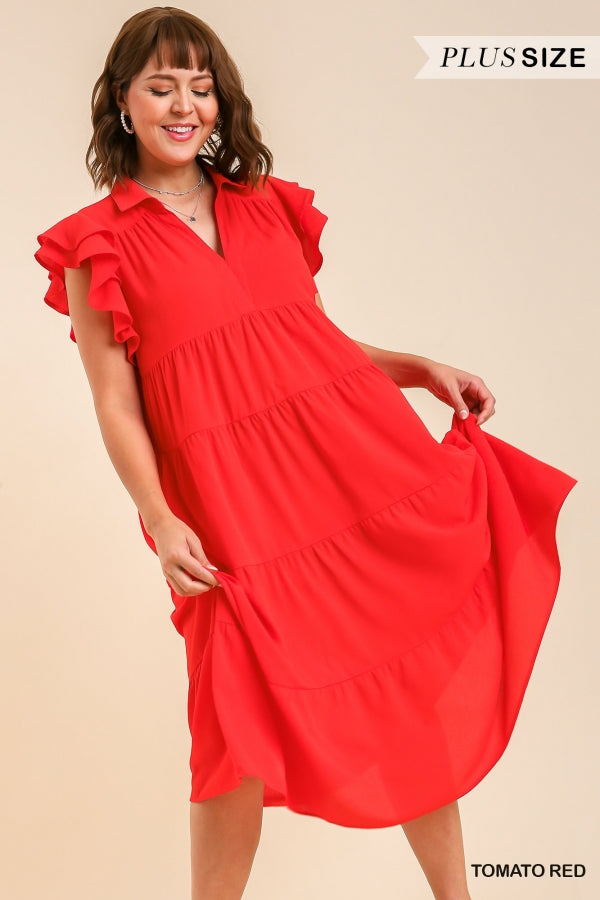 Umgee Collar Split Neck Short Ruffle Sleeves Tiered Midi Dress with No Lining