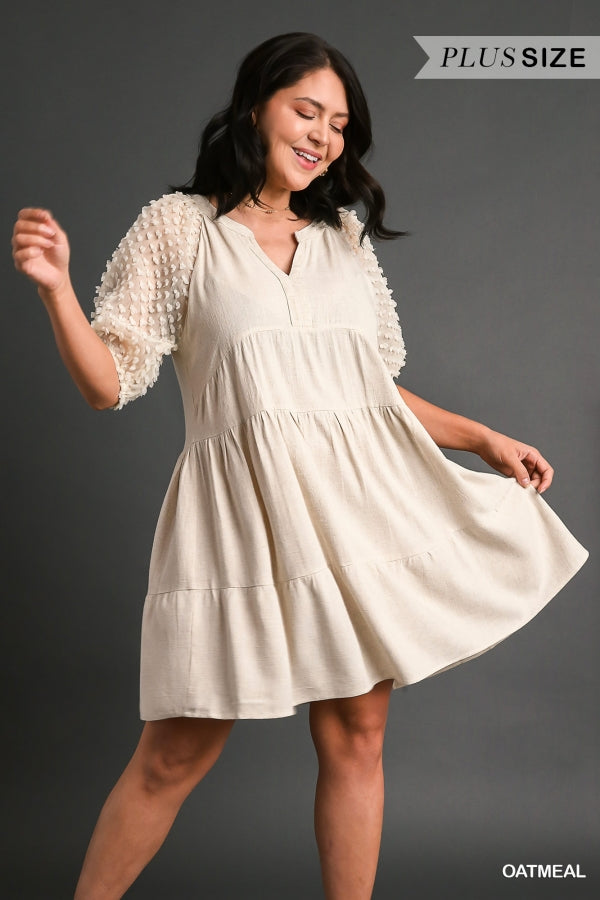 Umgee Floral Applique Detail Cuffed Puffed Sleeve Tiered Dress