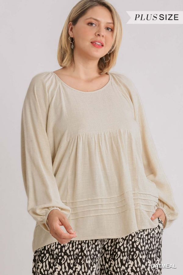 Umgee Linen Blend Round Neck Long Sleeve Top with Pintuck Detail