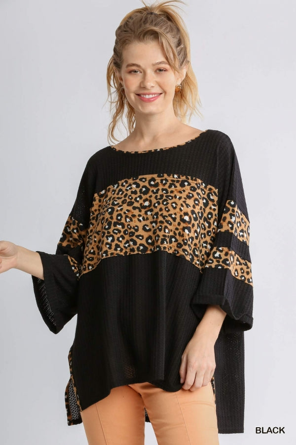 Umgee Animal Print Round Neck 3/4 Sleeve Waffle Knit Top with Side Slits and High Low Hem