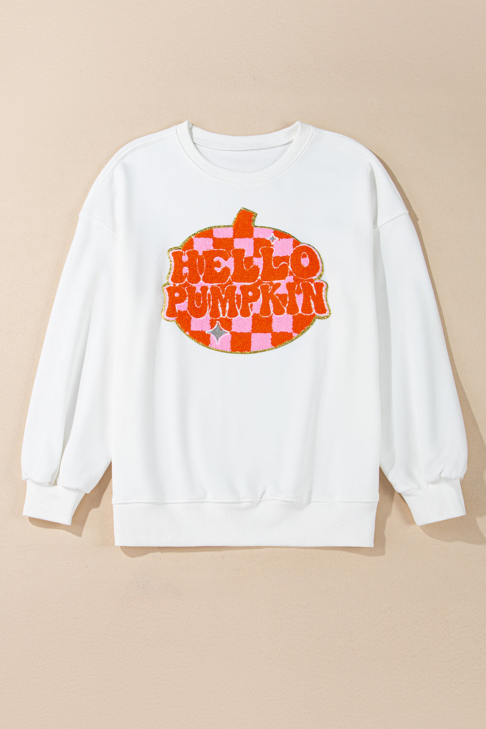 White Halloween Hello Pumpkin Patched Pullover Sweatshirt