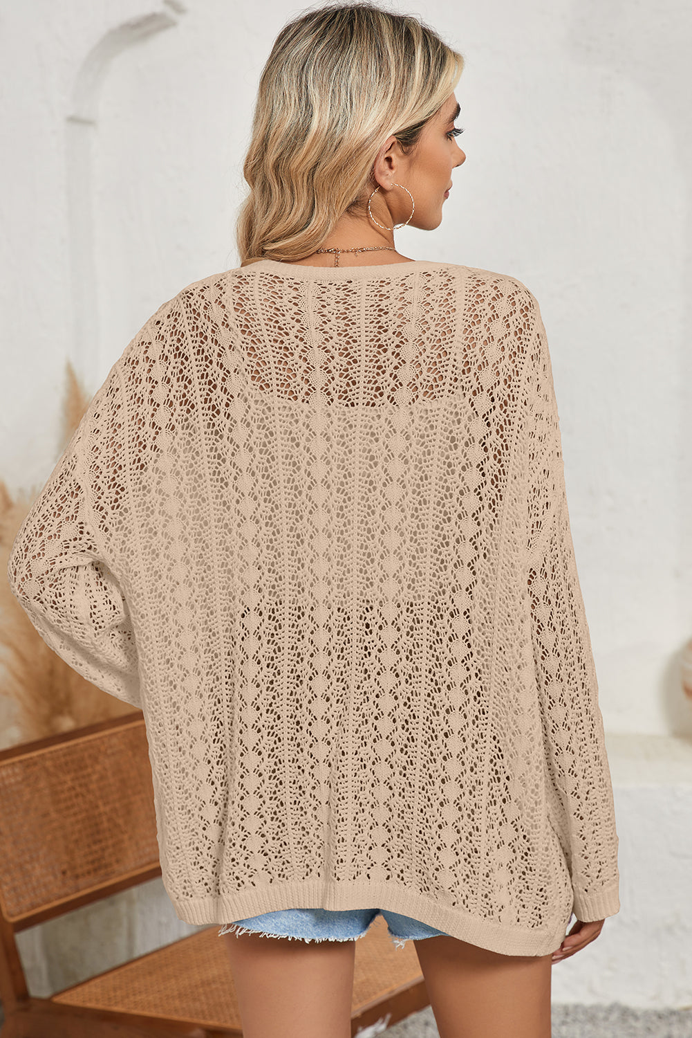 White Hollow Out Crochet Knit Drop Shoulder Open Front Cardigan