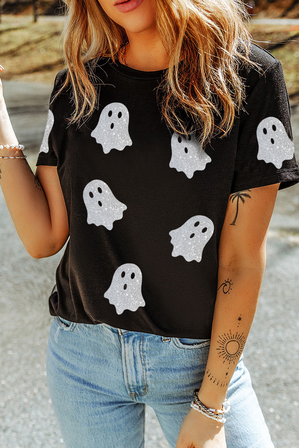 Black Glitter Ghost Pattern Crew Neck Halloween Graphic T Shirt