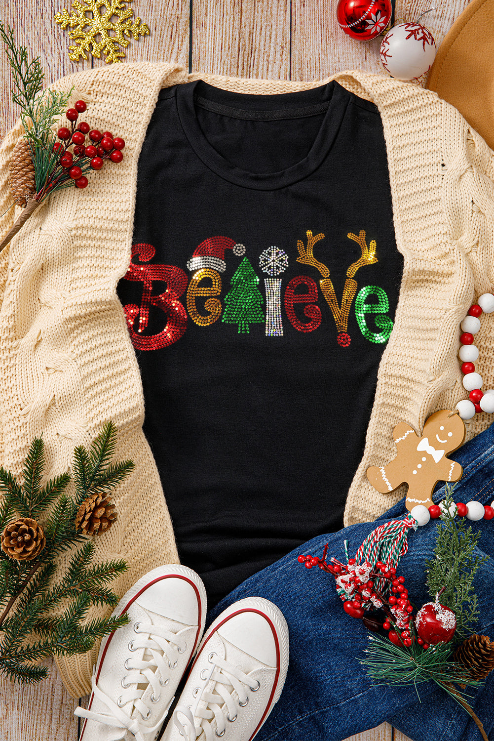 Black BELIEVE Glittered Crewneck Christmas Graphic Tee