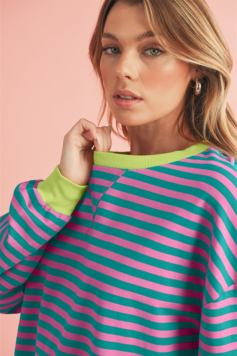 Sky Blue Stripe Contrast Edge Oversized Pullover