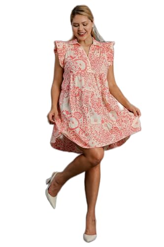 Umgee Abstract Print V-Neck Babydoll Dress with Ruffled Cap Sleeves