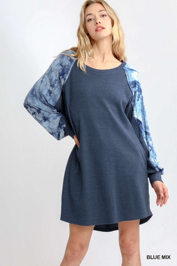 Umgee Tie Dye Contrast Raglan Sleeve Round Neck Waffle Knit Dress