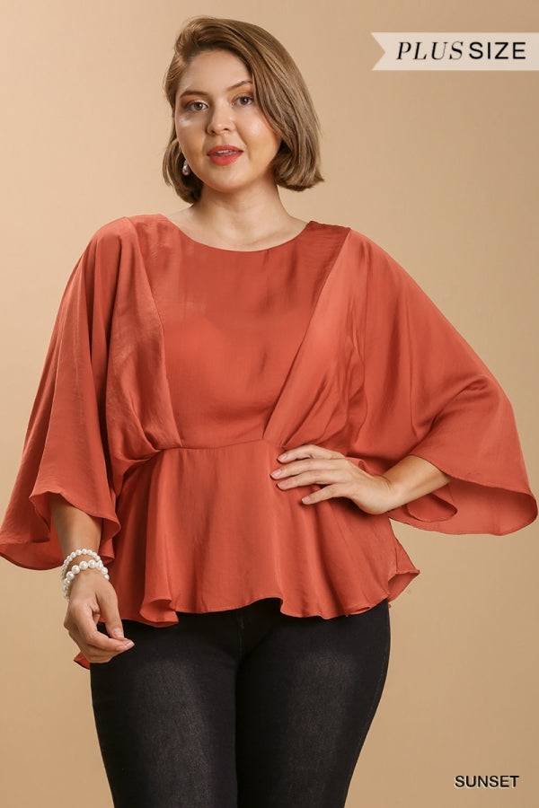 Umgee Washed Satin Pleated Round Neck Kimono Sleeve Top with Peplum Hem