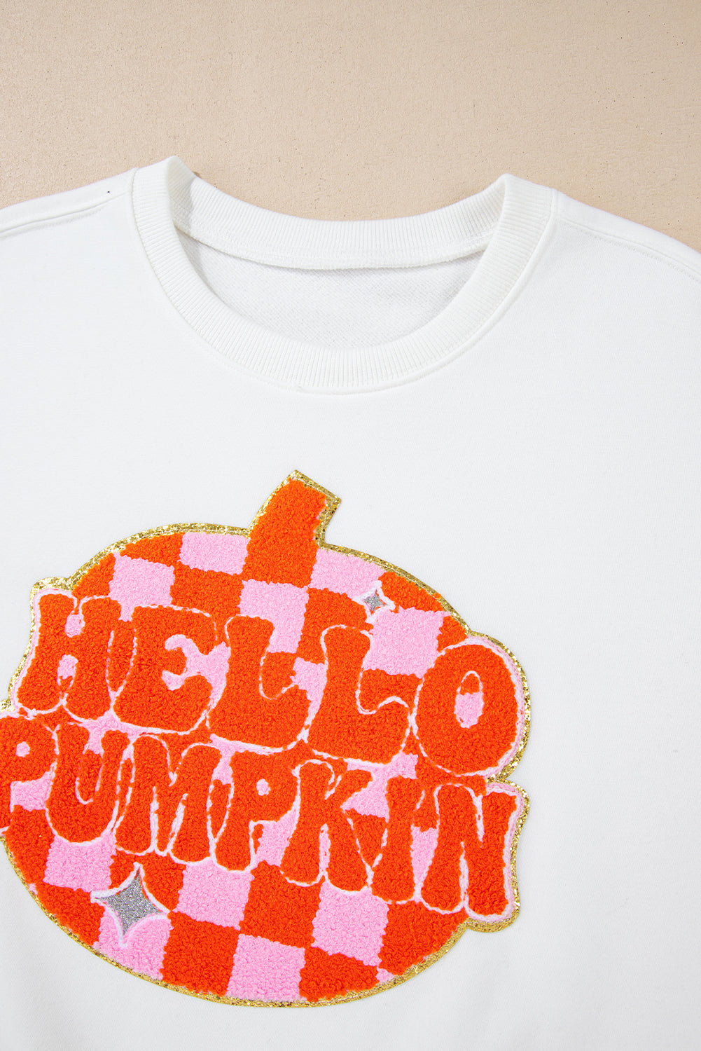 White Halloween Hello Pumpkin Patched Pullover Sweatshirt